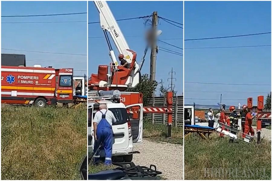 FOTO/VIDEO. Incident teribil. Bărbat găsit electrocutat pe un stâlp de electricitate