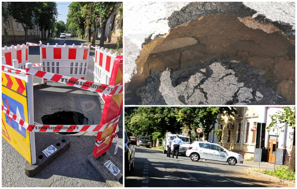 FOTOGALERIE. S-a surpat șoseaua în centrul municipiului Satu Mare. A apărut un crater
