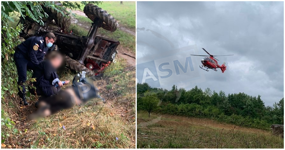 FOTOGALERIE. Tânăr accidentat grav în județ. A căzut sub tractor, preluat de elicopterul SMURD