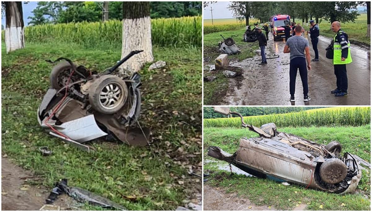 FOTOGALERIE. BMW cu volan pe dreapta, rupă în două după ce s-a lovit un cap de pod
