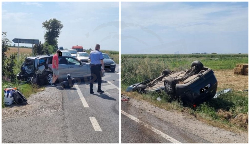 FOTOGALERIE. Accident în județul Satu Mare. Mașină răsturnată în șanț, alta avariată grav