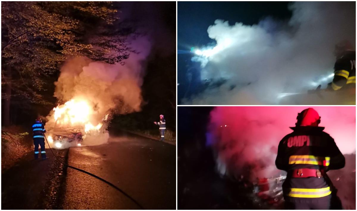 FOTOGALERIE. Mașină făcută scrum pe DN19, în județul Satu Mare