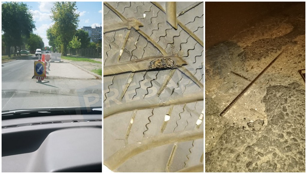 FOTOGALERIE. Stradă pericol public! O bară de metal s-a înfipt în roata unei mașini, în Satu Mare