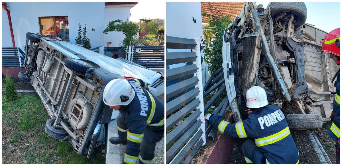 FOTO. Accident grav în județ, cu victime încarcerate! S-au răsturnat cu mașina, oprindu-se în gard
