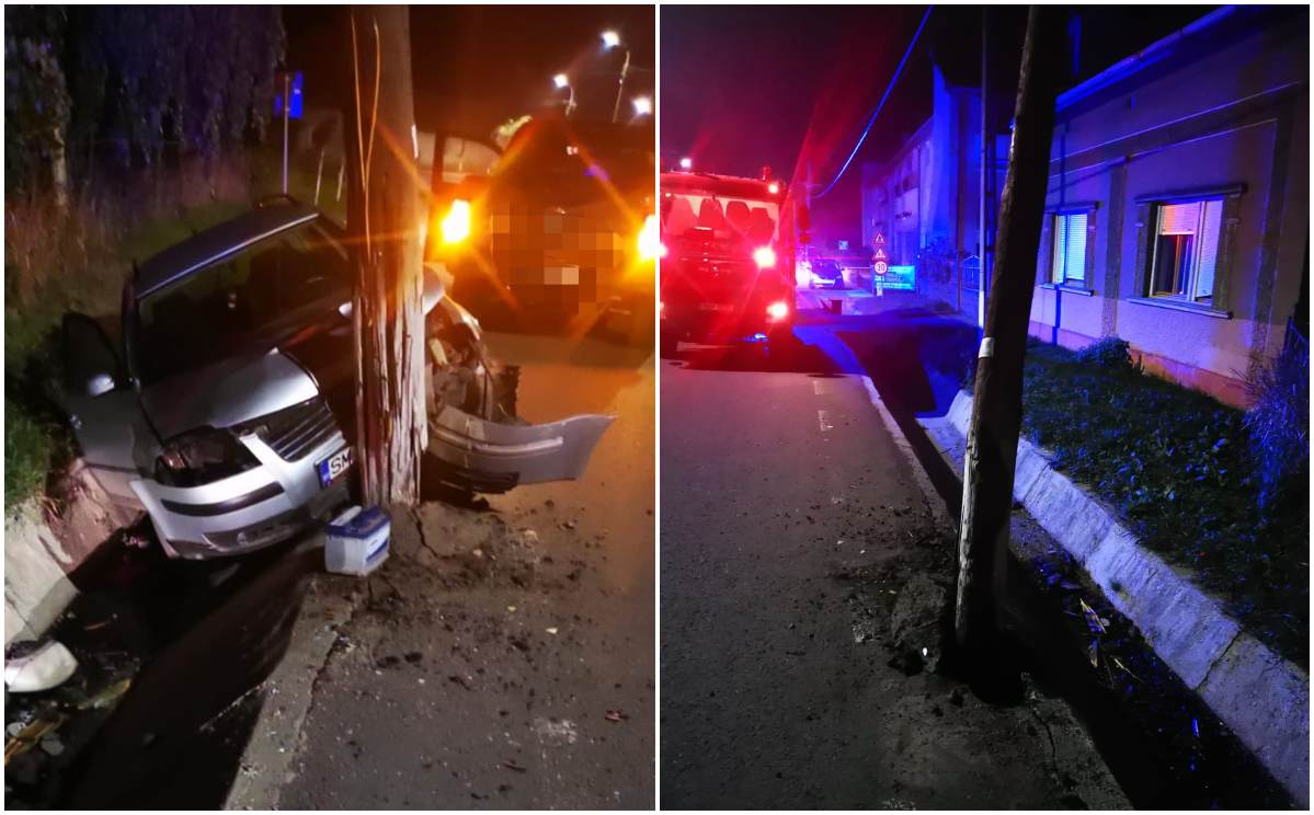 FOTO. Un șofer băut s-a oprit cu mașina într-un stâlp. Polițiștii sătmăreni l-au lăsat fără permis