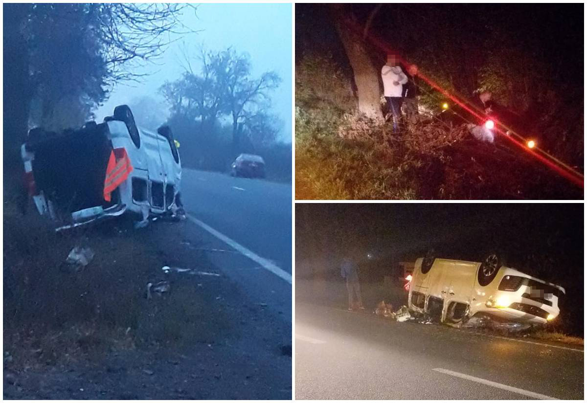 FOTOGALERIE. Accident grav, 10 persoane implicate. Microbuz răsturnat, coliziune cu o mașină