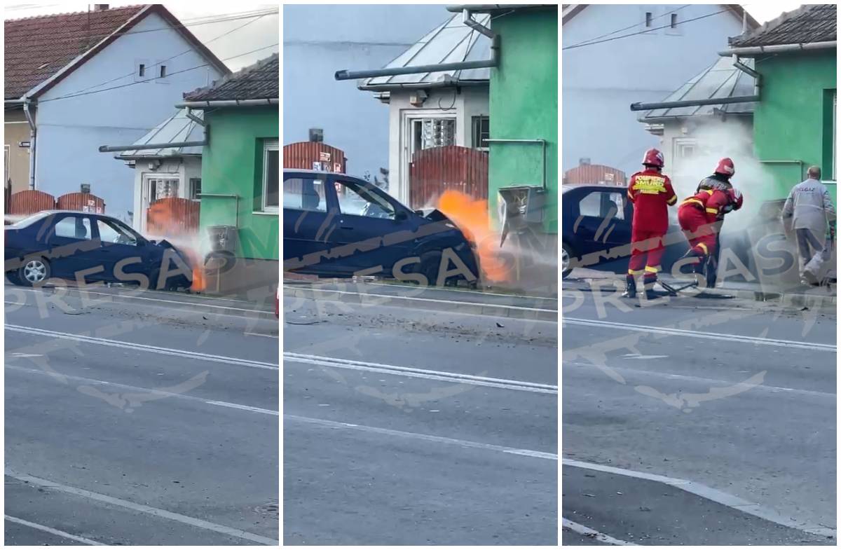 FOTO/VIDEO. Accident grav la Carei! O țeavă de gaz a luat foc. Spulberată de o mașină