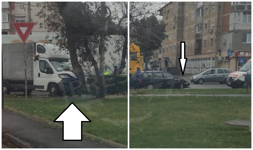 FOTO. Dubă proiectată într-un copac, pe Drumul Careiului. După o coliziune cu o mașină