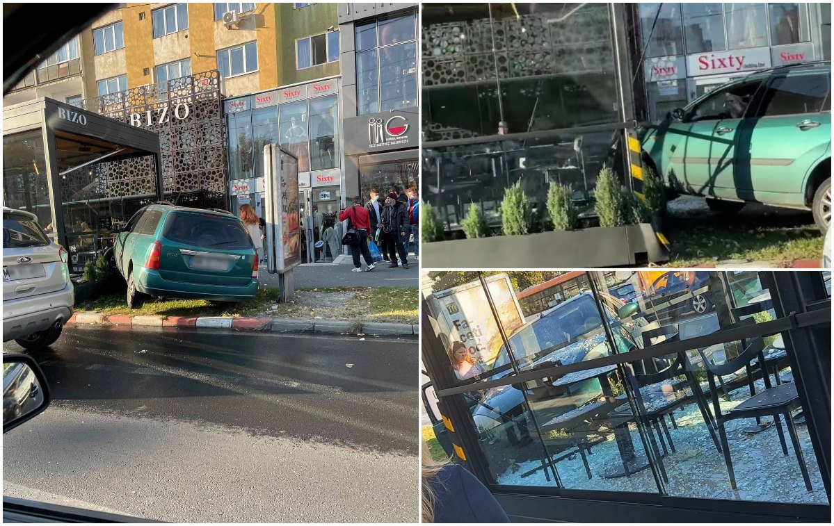 FOTO. O șoferiță a intrat cu mașina direct în terasa unui restaurant. Mai mulți clienți, la un pas de a fi răniți