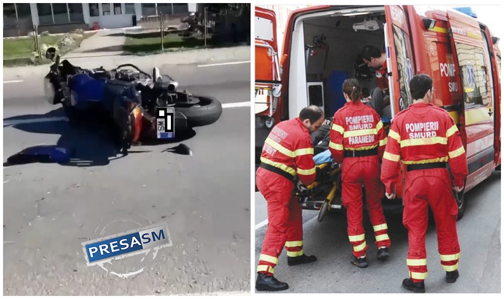 FOTO. Motociclist din Satu Mare, lovit în plin de o mașină. Doi sătmăreni la Urgență