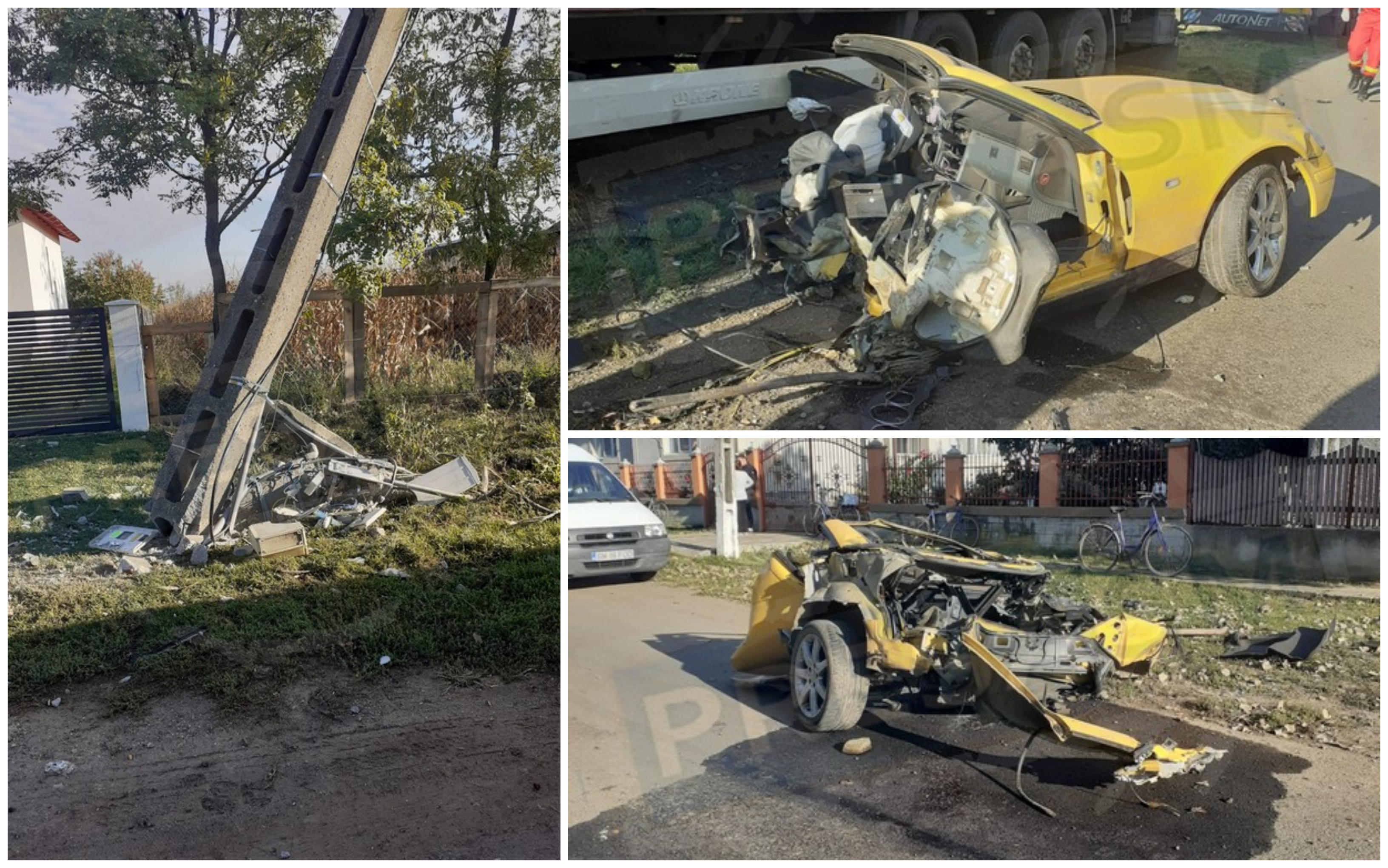 FOTO. Un șofer din Satu Mare a vrut să-și pună capăt zilelor. A făcut praf un stâlp și a avariat alte vehicule