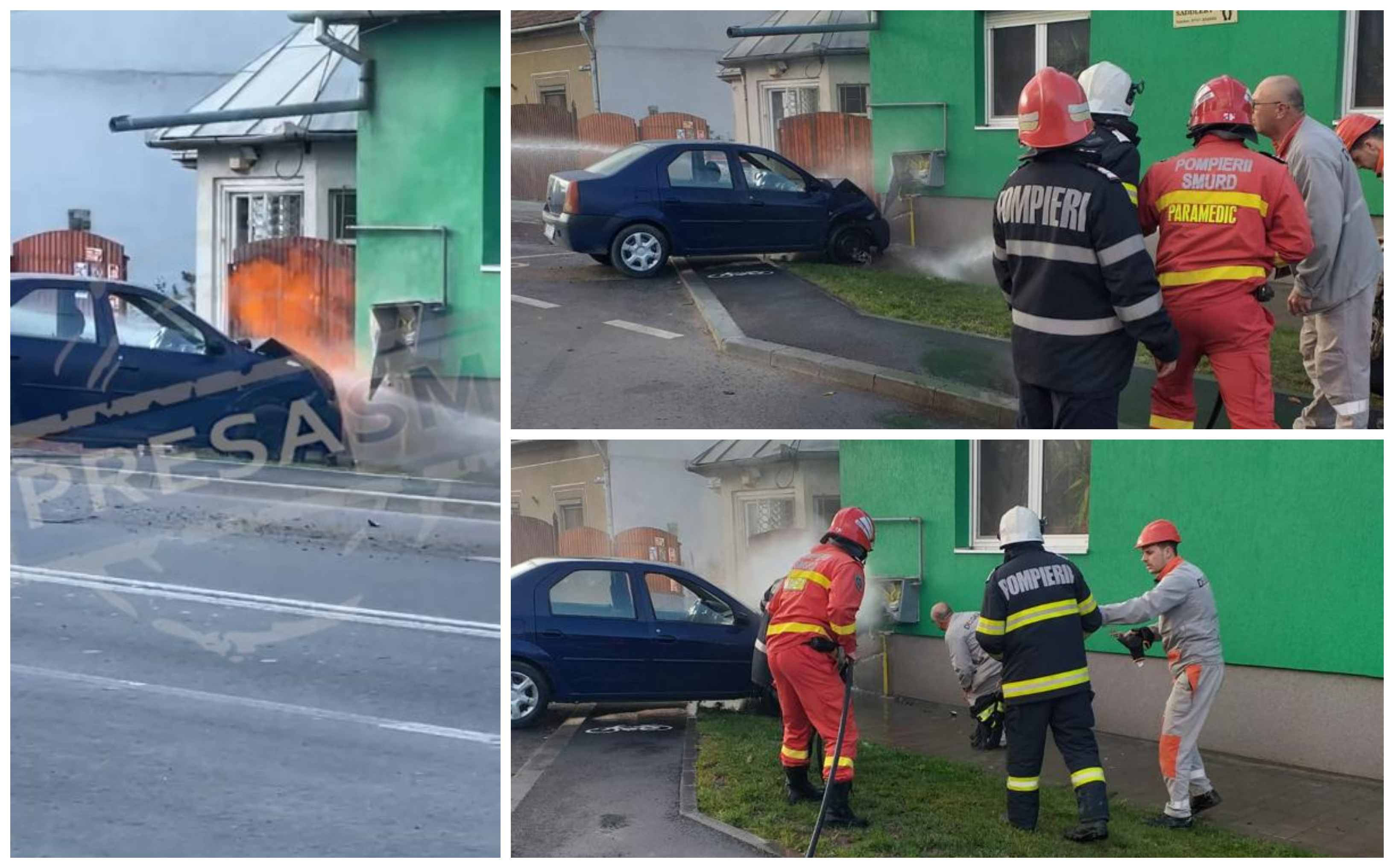 FOTO/VIDEO. Un preot beat a provocat un incendiu la Carei. Cu mașina în țeava de gaze