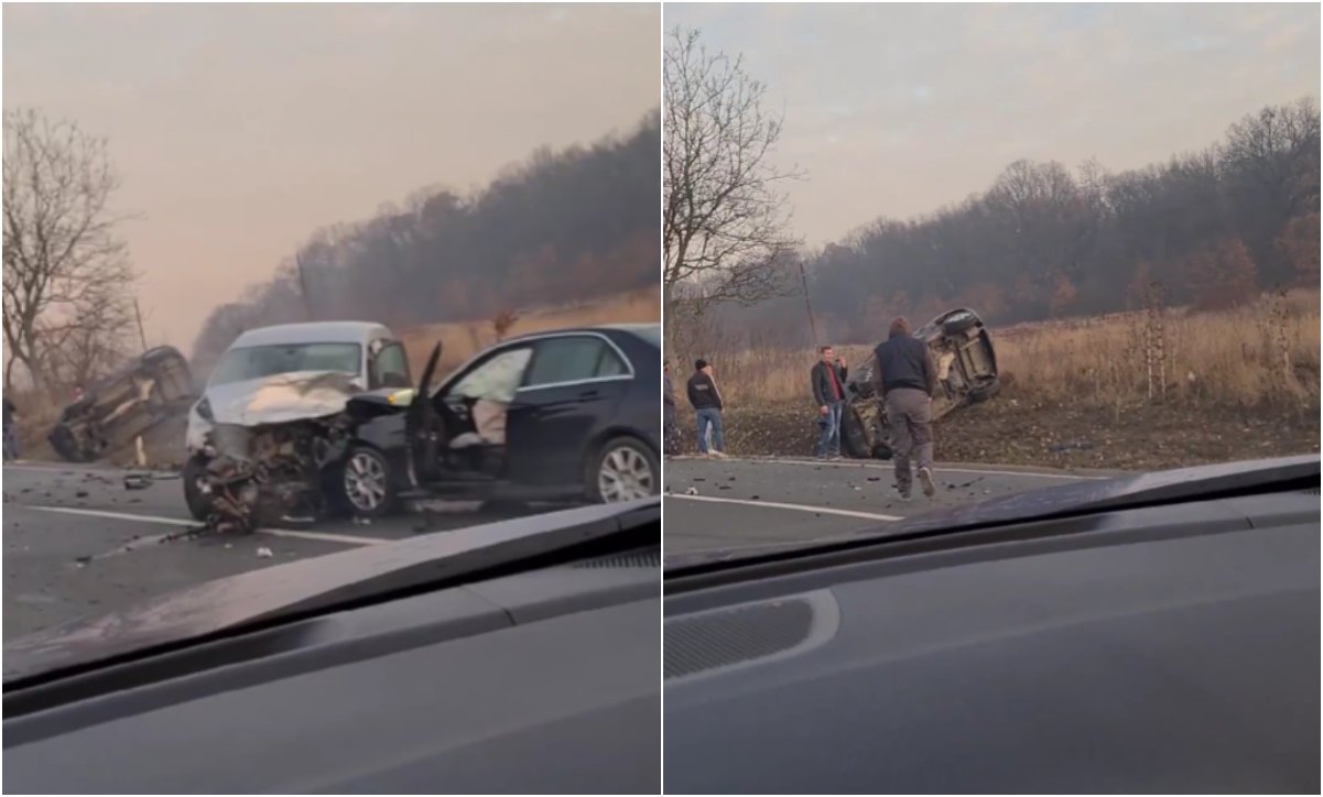 FOTO. Accident foarte grav în județul vecin. Trei mașini implicate, șofer încarcerat
