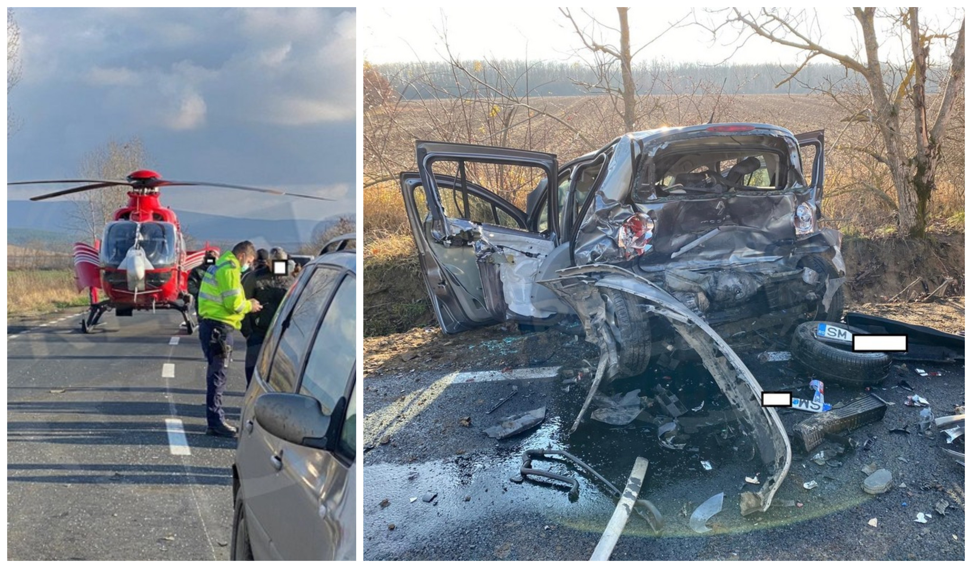 FOTOGALERIE. O victimă preluată cu elicopterul, alte două cu ambulanța. Accident grav în județul Satu Mare