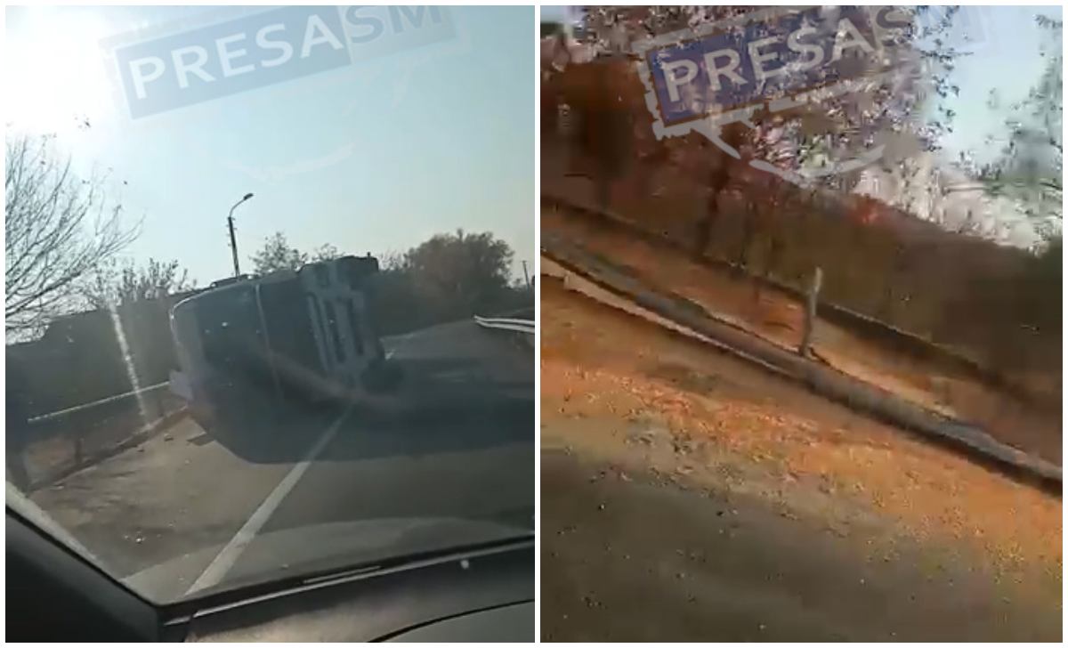 VIDEO. TIR plin cu porumb, răsturnat în județul Satu Mare. Șoferul a fost rănit