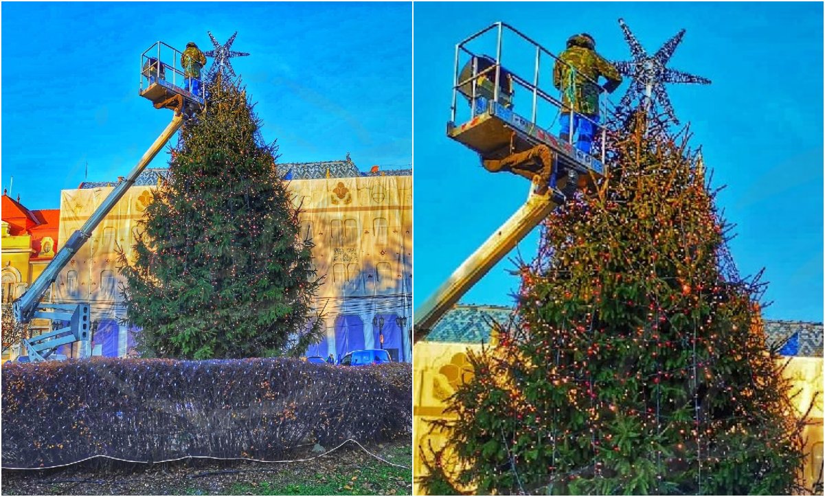 FOTOGALERIE. Bradul a fost împodobit. S-au făcut și primele teste de lumini. Orașul, în toiul pregătirilor de Crăciun