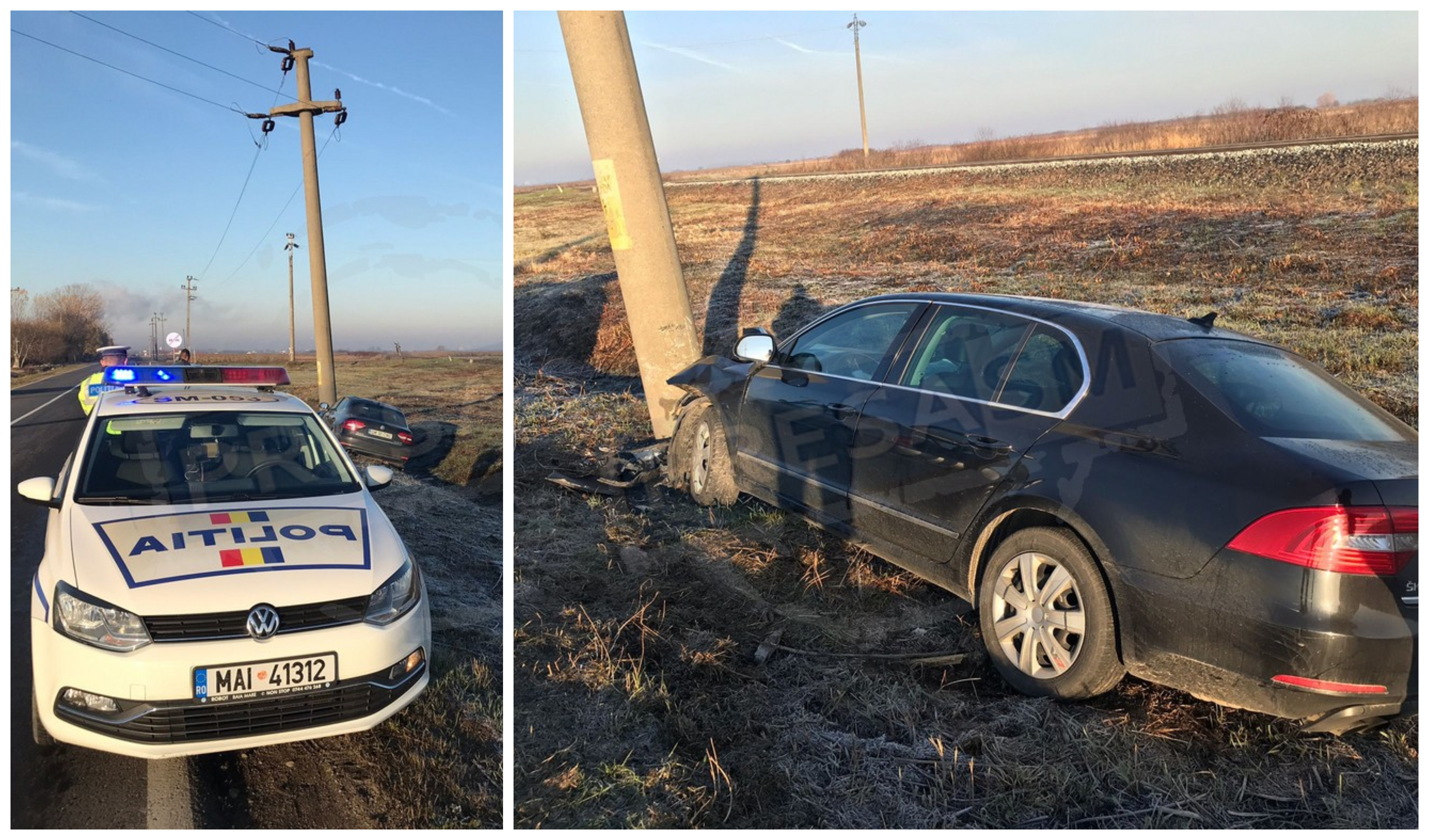 FOTOGALERIE. Un șofer s-a oprit cu mașina în stâlp. Accident cu victimă în județ