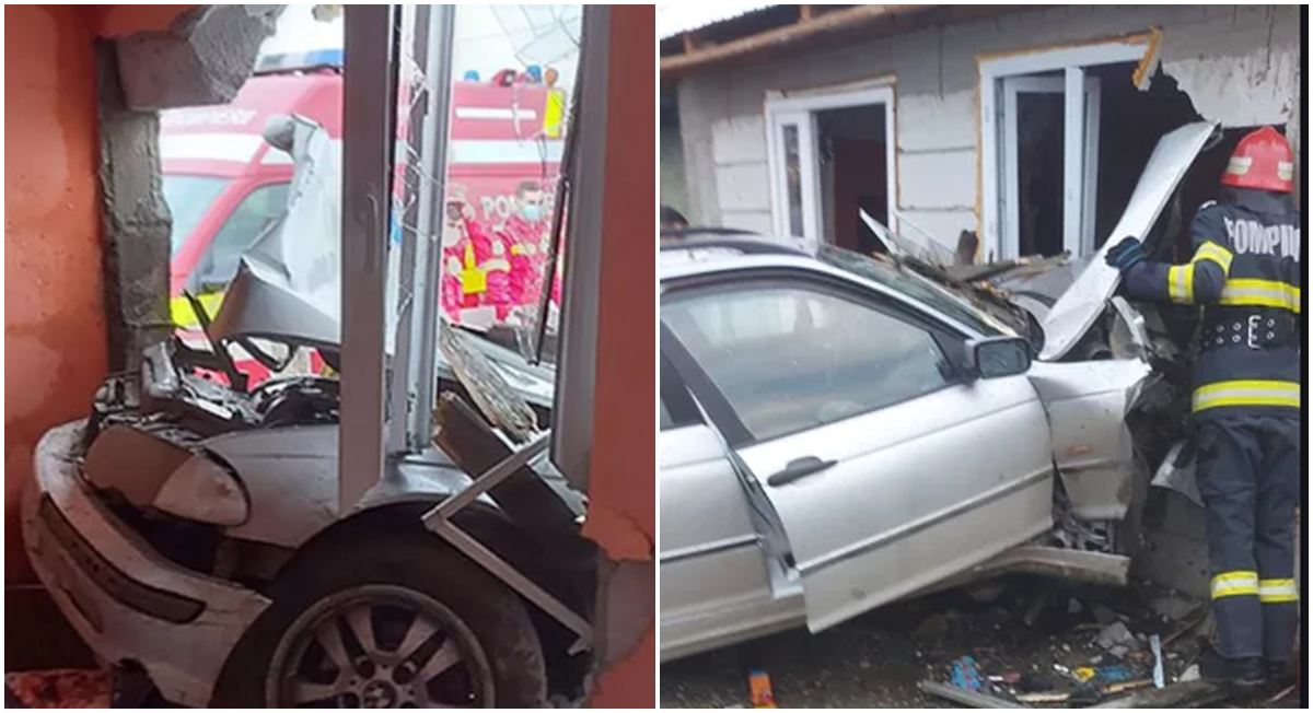 FOTO. Un tânăr șofer a trăit spaima vieții lui. A intrat cu mașina prin geamul unei case