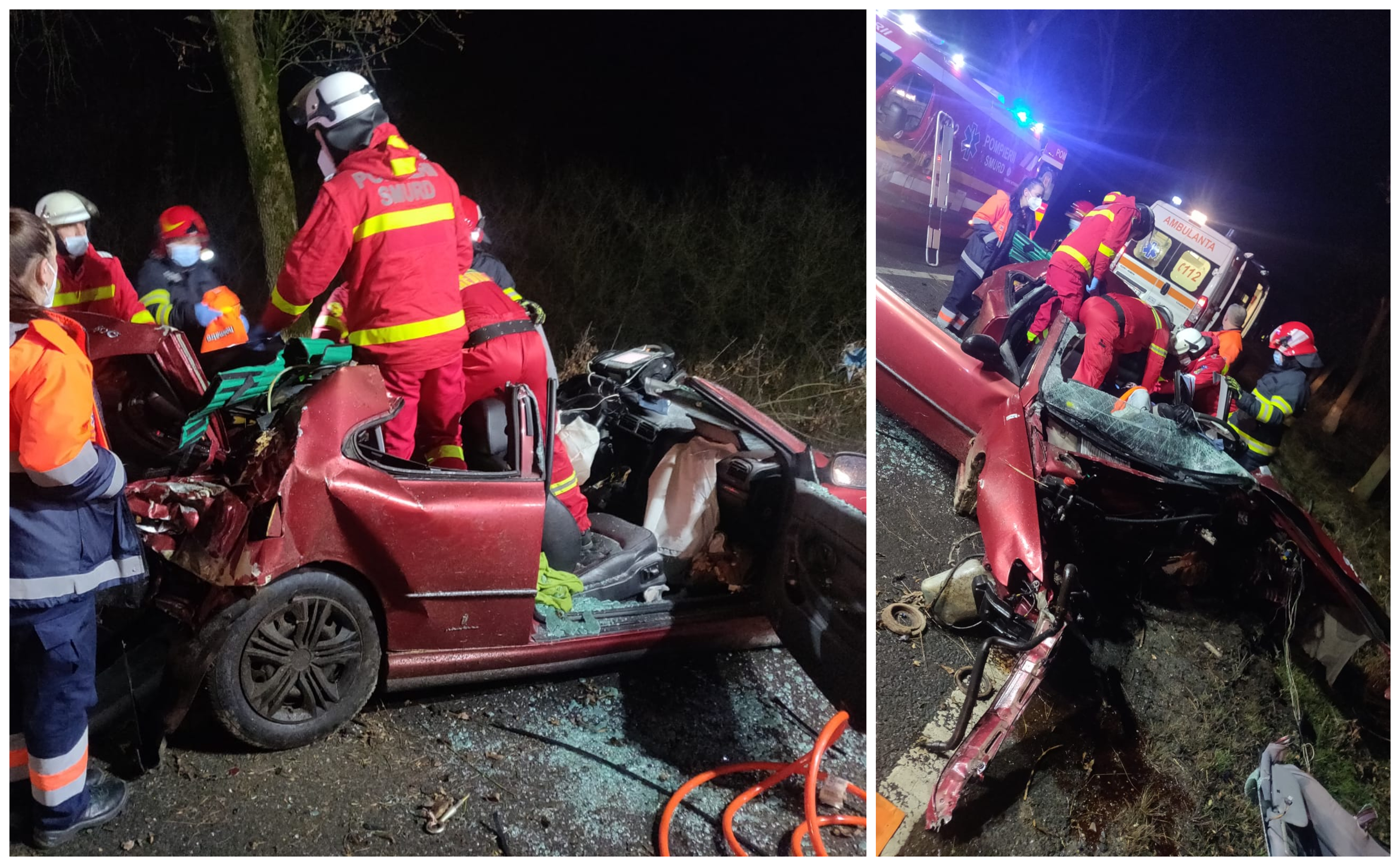 FOTO/VIDEO. Accident teribil! Tânăr încarcerat, mașină făcută praf după ce a lovit doi copaci