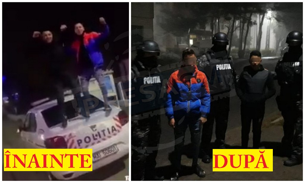 VIDEO. Doi tineri au dansat manele pe mașina Poliției. Apoi, au fost ”colindați” de mascați