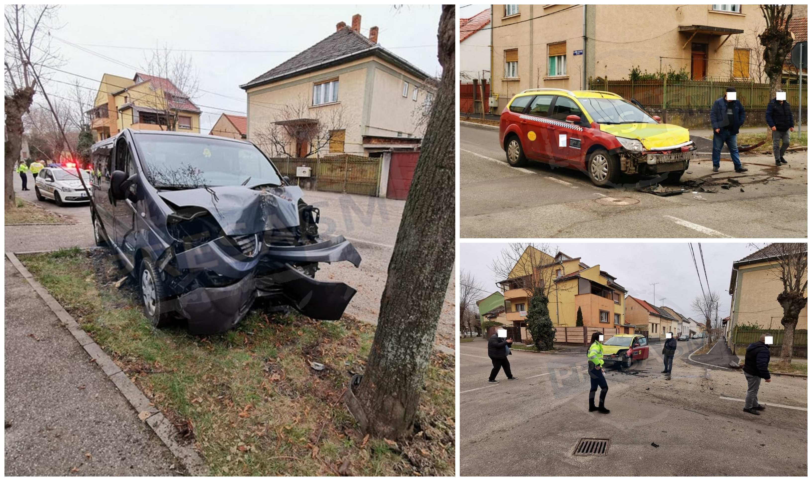 FOTOGALERIE. Coliziune în intersecție, microbuz în copac. Accident în municipiul Satu Mare
