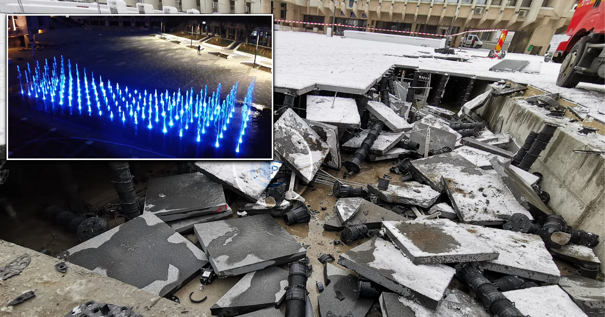 FOTO/VIDEO. Cine plătește pagubele. Fântâna arteziană din centrul Sătmarului, afectată în proporție de 25%