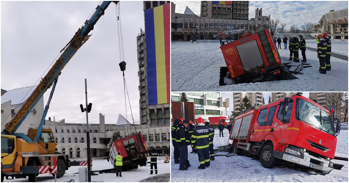 FOTO/VIDEO. Mașina de pompieri, extrasă cu macaraua din fântâna arteziană