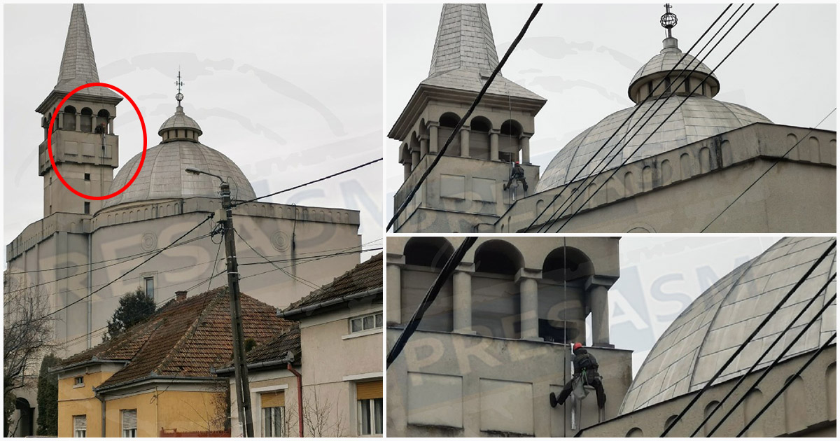 FOTO. ”Lucru necurat”. Antenă GSM dată jos cu scandal de pe o biserică din Satu Mare