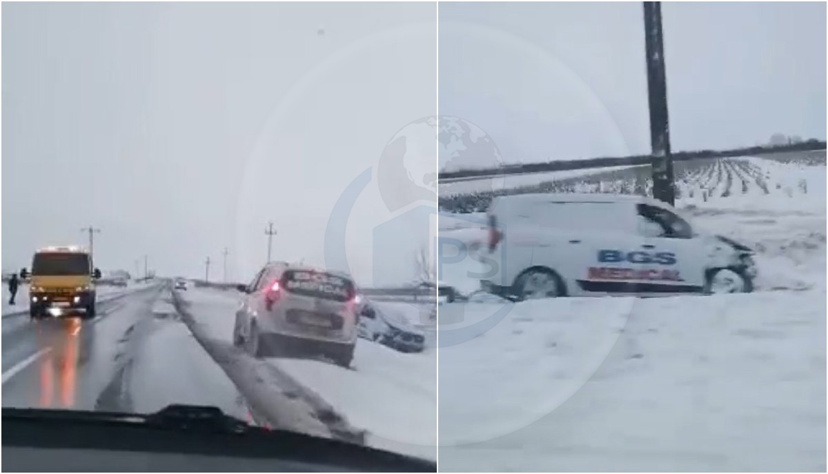 VIDEO. Accident între o ambulanță privată și o mașină de teren. Au ajuns în șanț