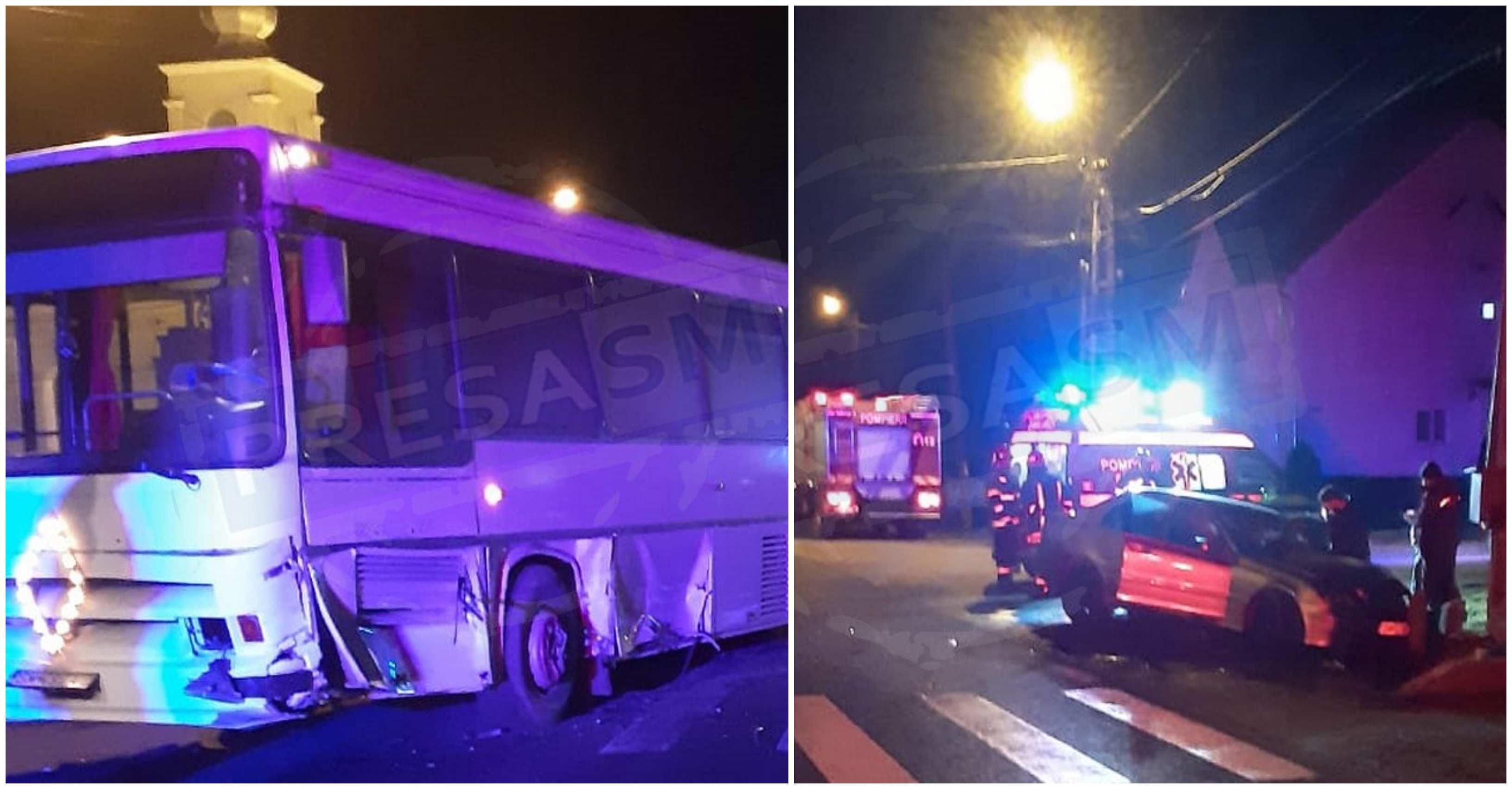 FOTOGALERIE. Accident cu victimă la Mădăras! Impact între o mașină și un autobuz cu 10 pasageri