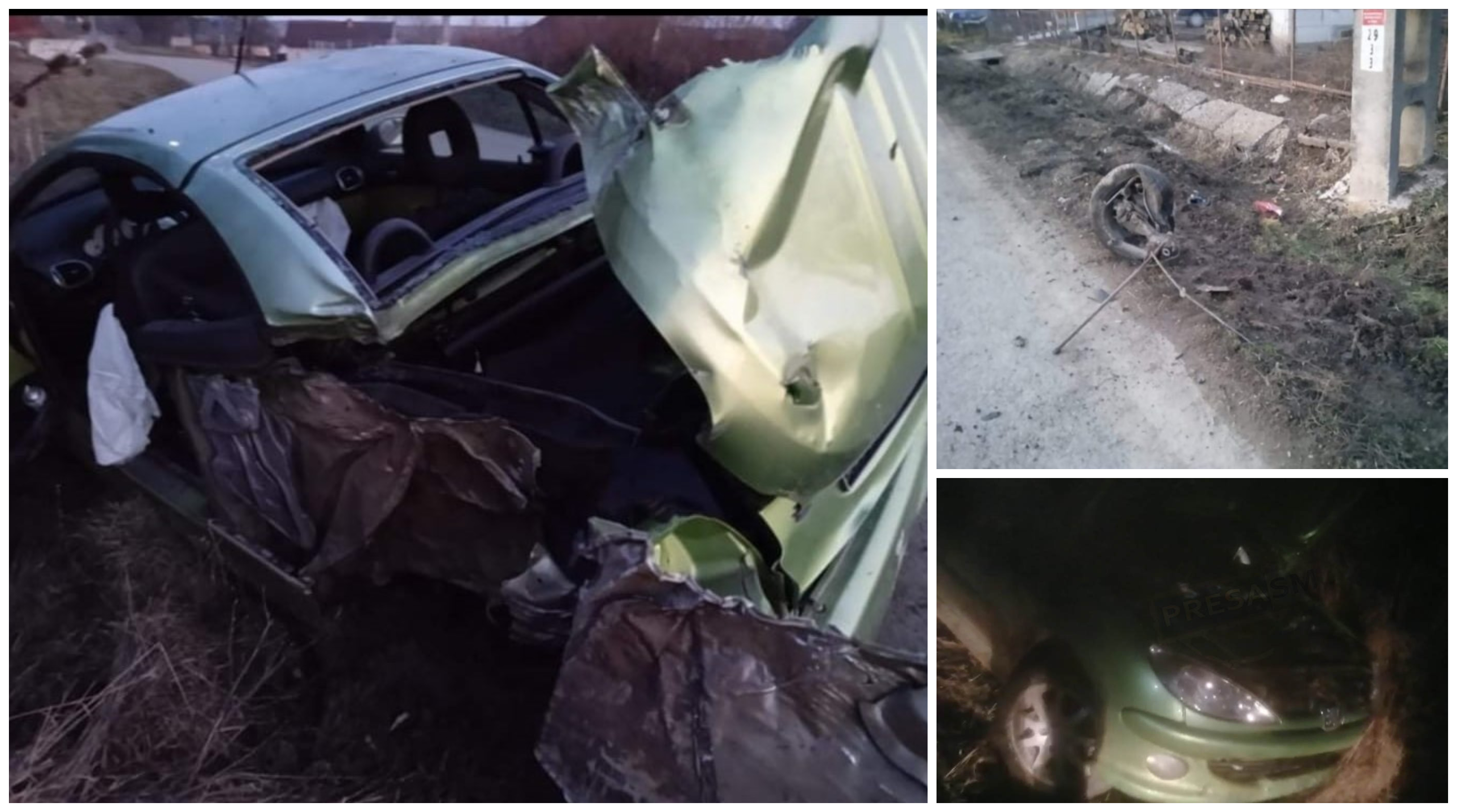 FOTOGALERIE. Puștan fără permis, cu mașina în stâlp! Pasagerul a zburat prin lunetă