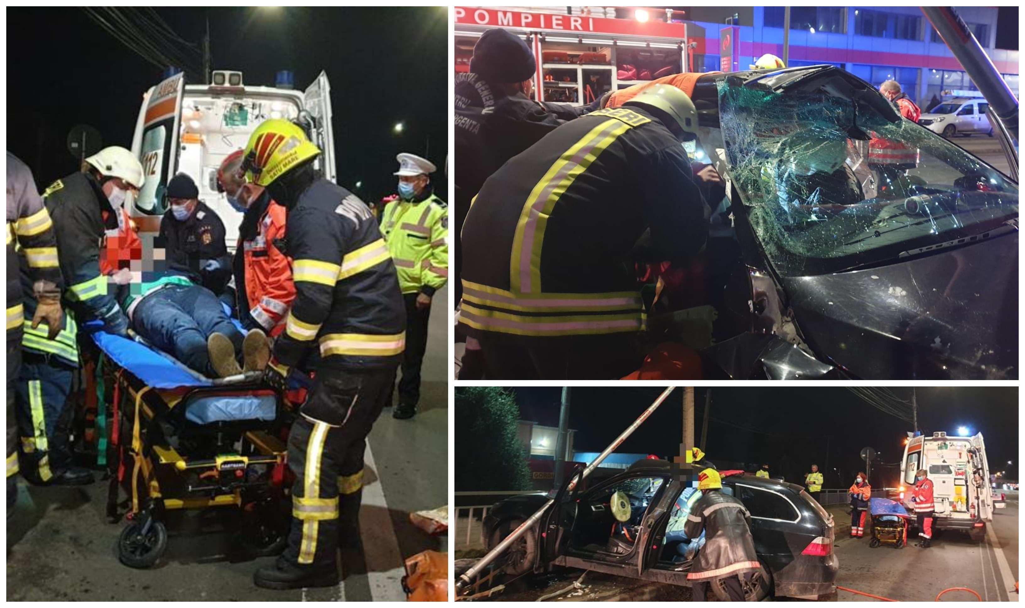 FOTOGALERIE. Bărbat încarcerat pe Drumul Careiului. A căzut un stâlp peste un BMW