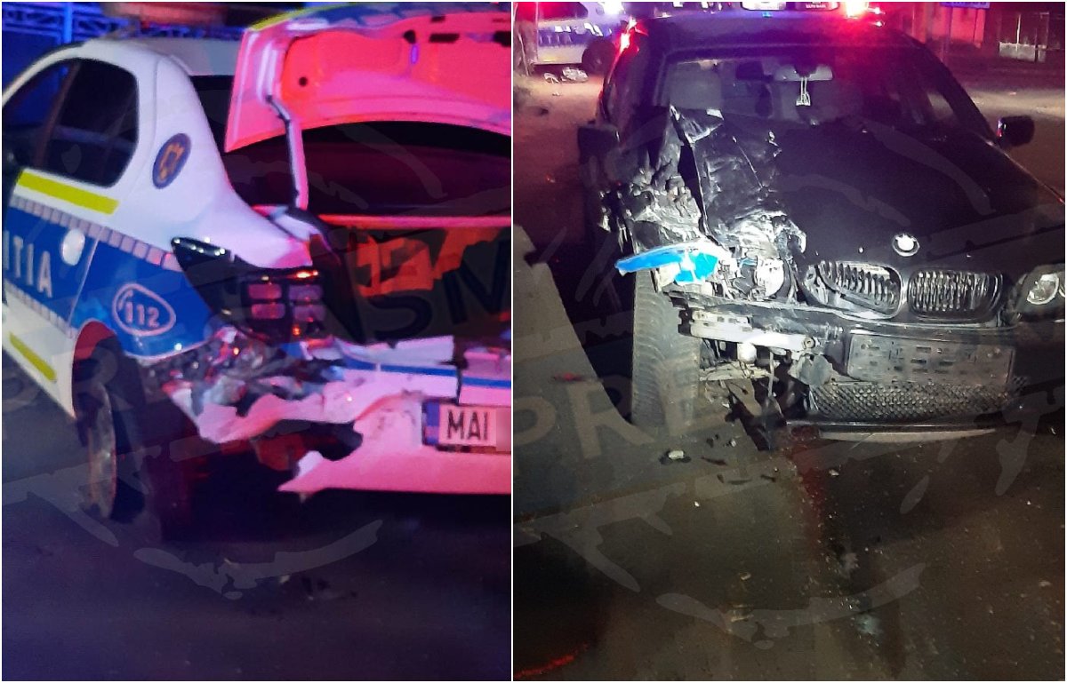FOTO. Sătmărean beat, s-a oprit cu BMW-ul în mașina Poliției. Polițist și jandarm răniți