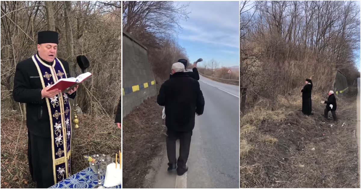 VIDEO. „Curba morții” de pe un drum național, sfințită de un preot: "Dumnezeu să vă păzească pe toți"