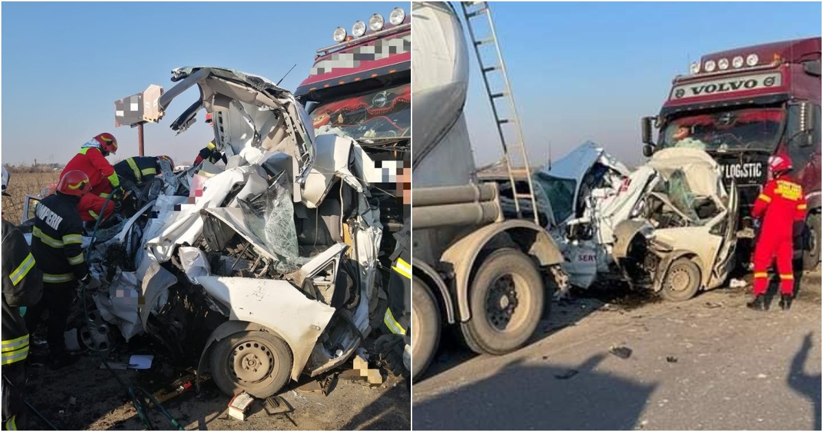 FOTO. Accident cumplit în țară. Doi șoferi, morți după ce mașinile le-au fost strivite între TIR-uri
