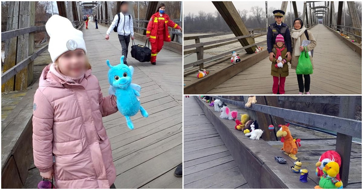 FOTO. Imagini emoționante. Un pod din județul vecin a devenit „podul jucăriilor” pentru copiii refugiați