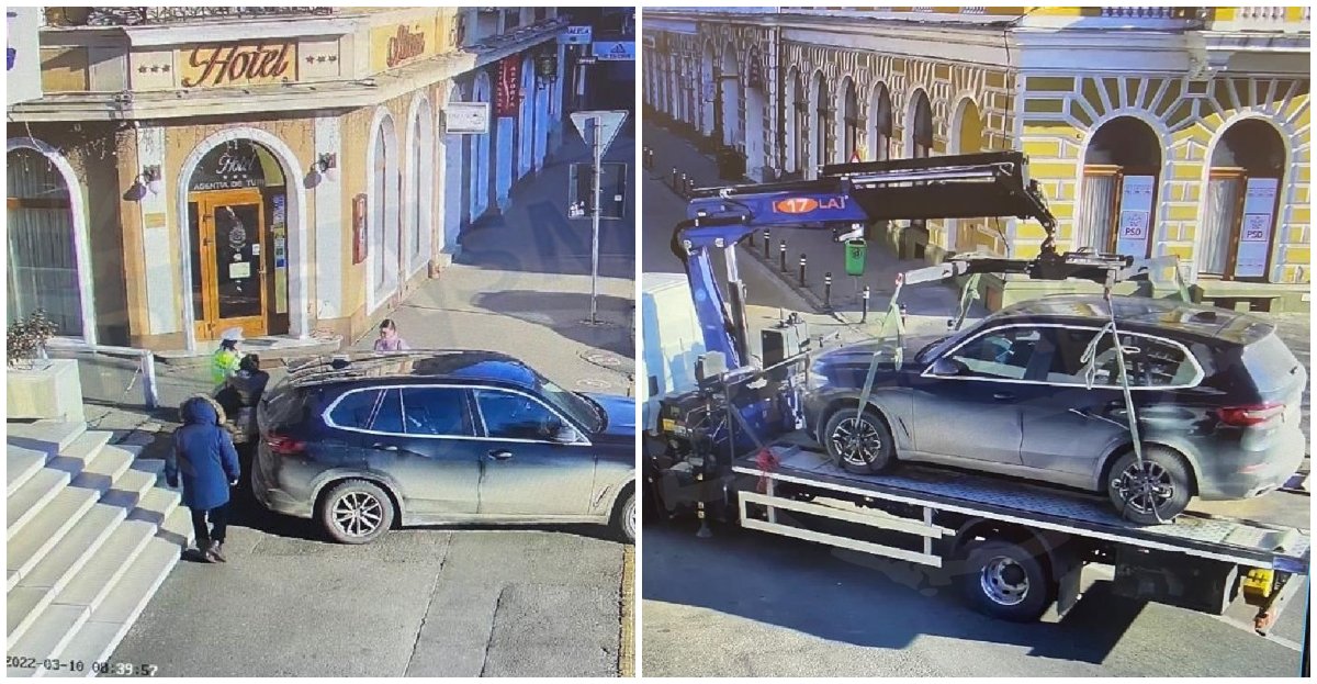 FOTO. Mașină din Ucraina ridicată din fața unui hotel din Satu Mare. A blocat tot trotuarul
