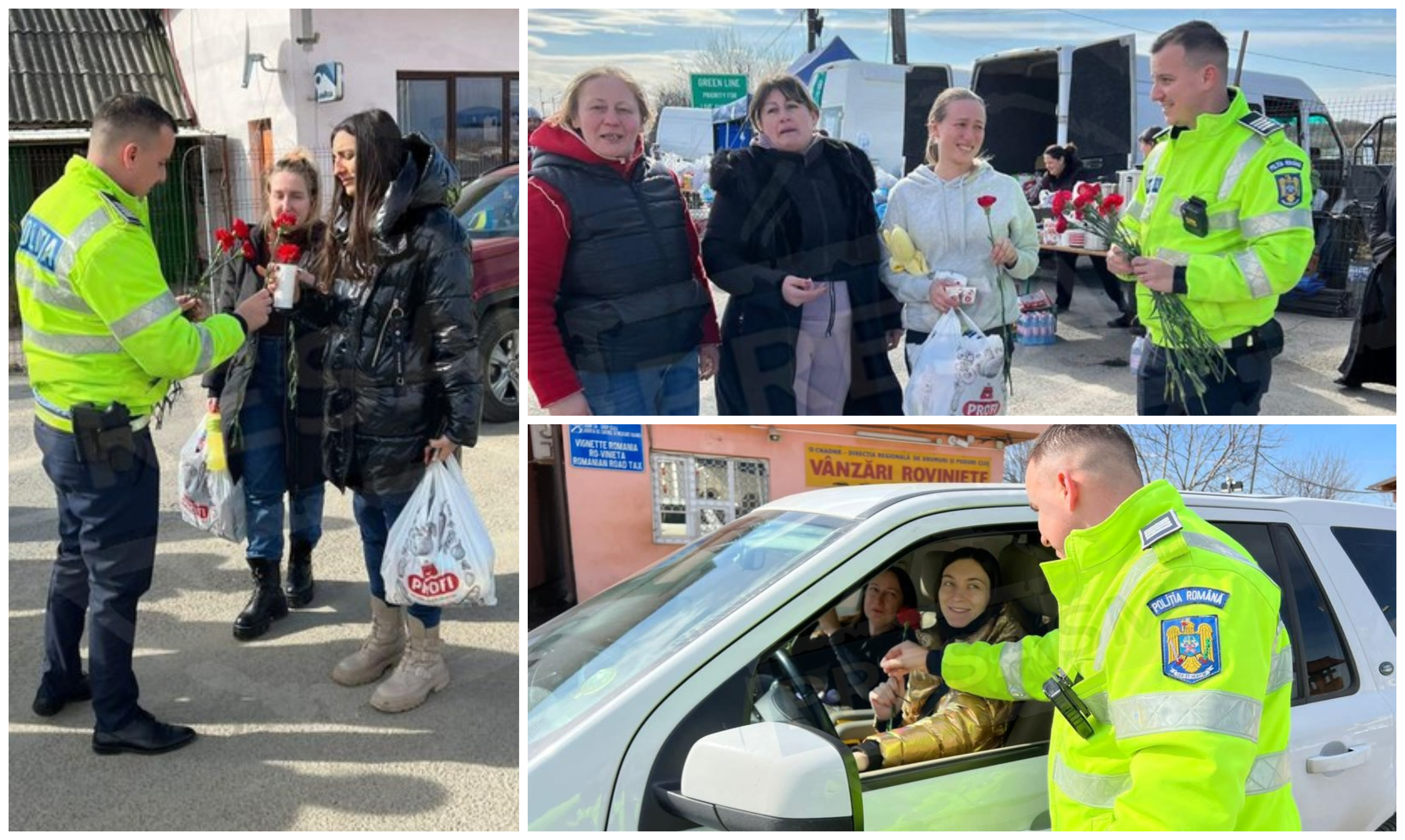 FOTOGALERIE. Flori din partea polițiștilor rutieri pentru femeile din Ucraina, la Vama Halmeu