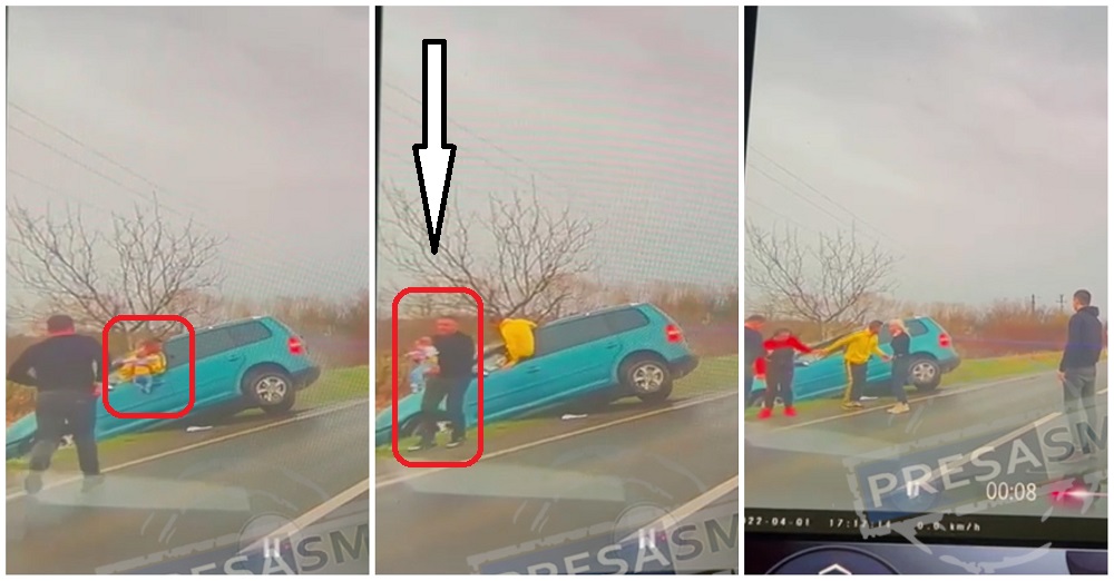 VIDEO. Mașină răsturnată, mai multe victime. Un sătmărean a salvat bebelușul