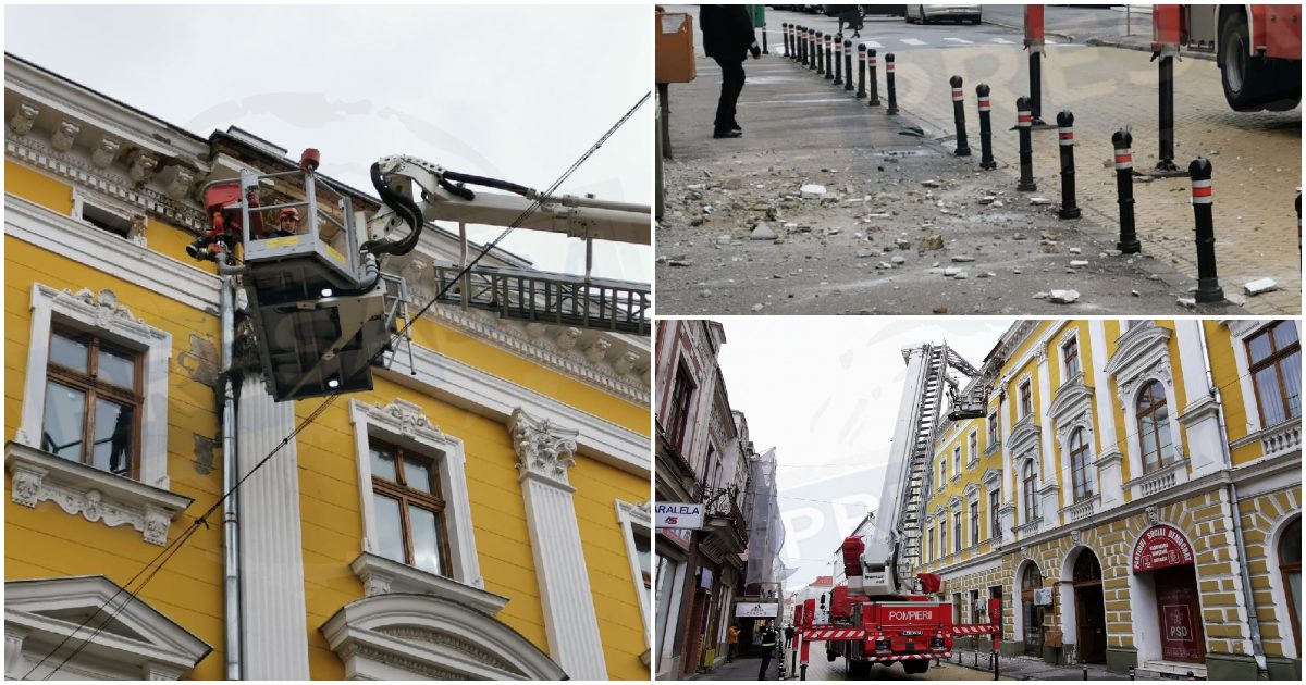 FOTO/VIDEO. Pericol în centrul Sătmarului. Stradă închisă, intervenție la o clădire