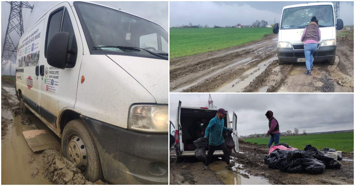 FOTO. Mașinile Free Life, împotmolite în noroaie. ONG-ul arată cu degetul spre șantierul de la centură