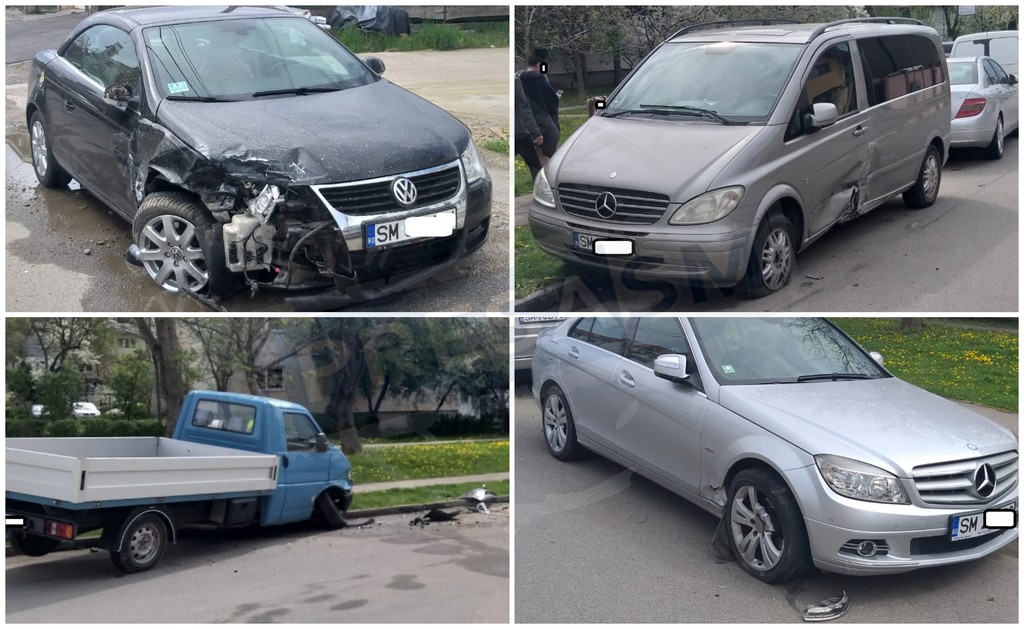 FOTOGALERIE. Accident în lanț de Paște, în Satu Mare. Un șofer a distrus 4 mașini și a dispărut