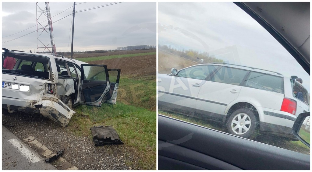 FOTO. Accident spectaculos în județ. O femeie a ”sărit” cu o mașină în șanț și a ricoșat pe șosea