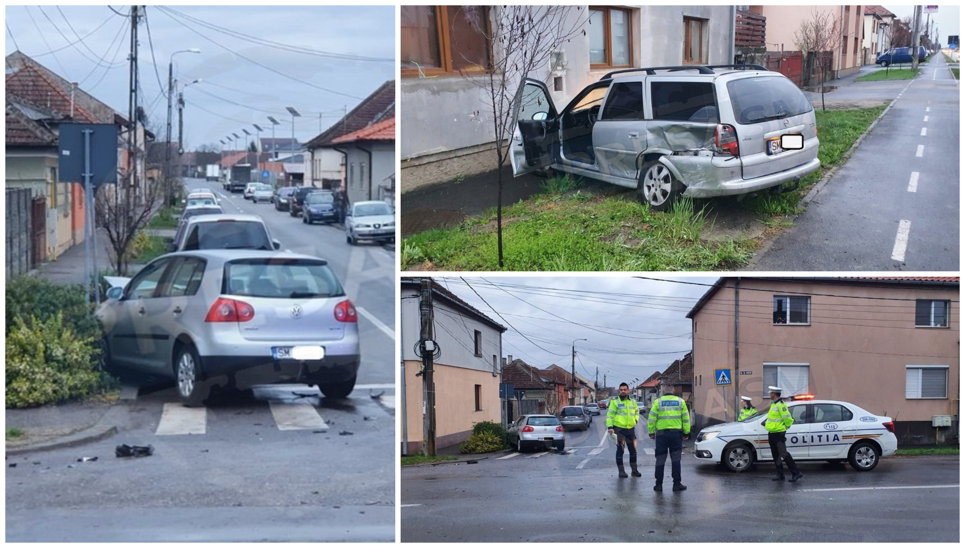 FOTOGALERIE. O mașină în casă, alta în STOP. Accident cu victime în Satu Mare