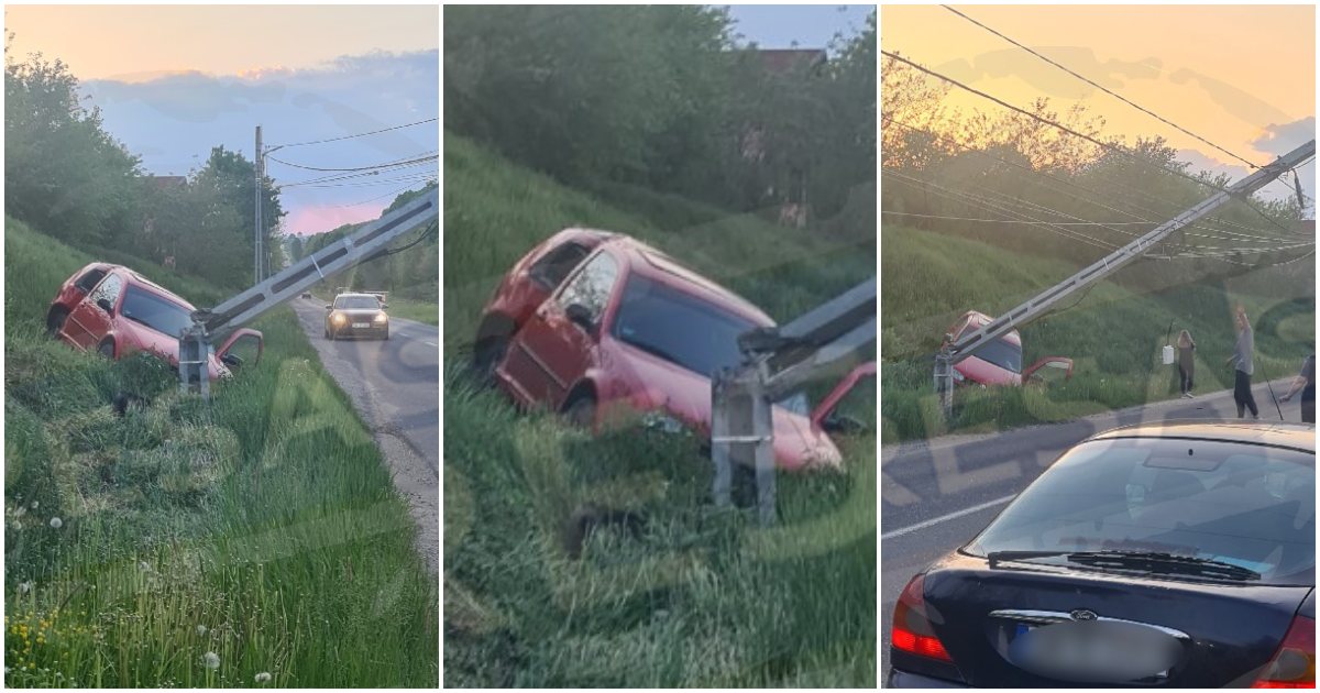 FOTO/VIDEO. Accident spectaculos. O șoferiță a spulberat un stâlp cu mașina, s-a oprit în șanț