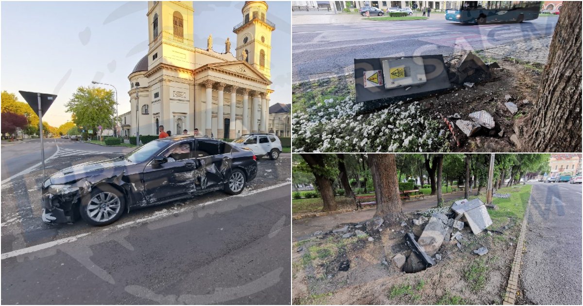 FOTO. Drift transformat într-un accident în centrul Sătmarului. A spulberat cu BMW-ul ce a găsit în cale