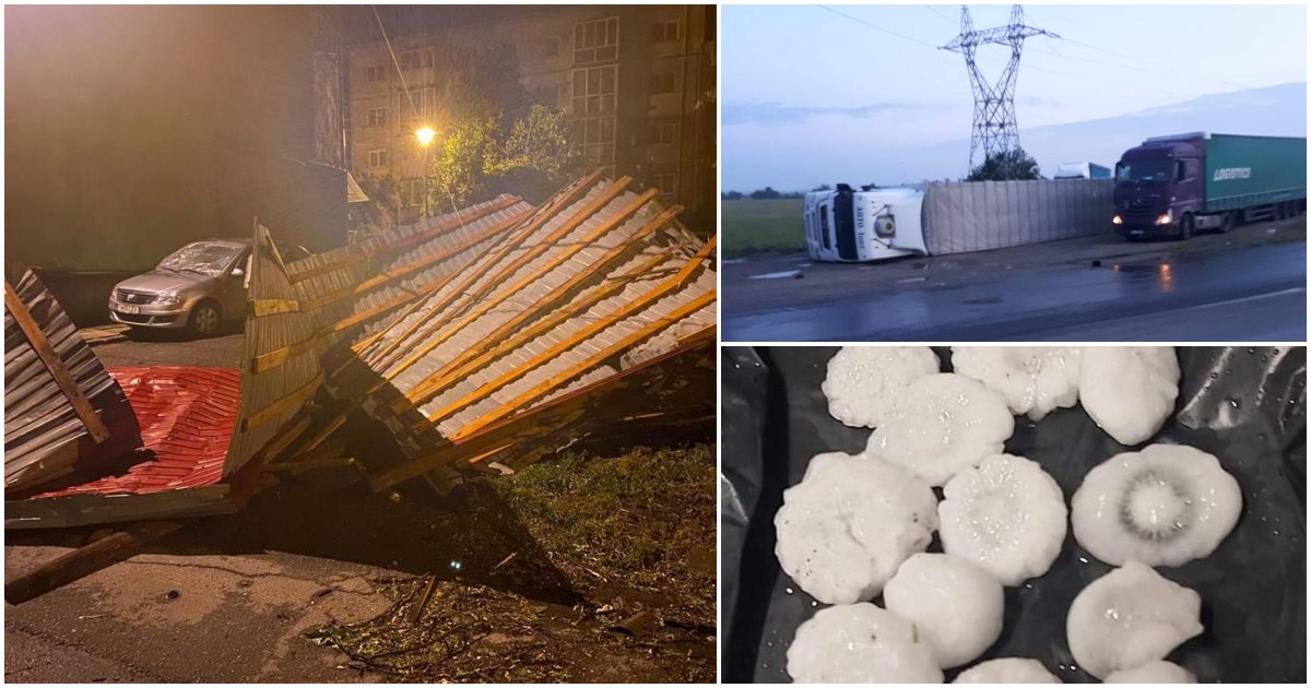 FOTO/VIDEO. Furtuna de aseară a făcut ravagii într-un oraș din țară. Vântul a răsturnat TIR-uri, a smuls acoperișuri