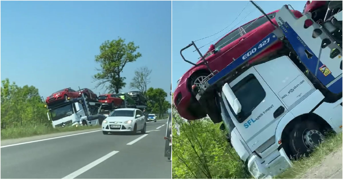 VIDEO. TIR care transporta mașini, în șanț pe DN1C, Baia Mare - Satu Mare