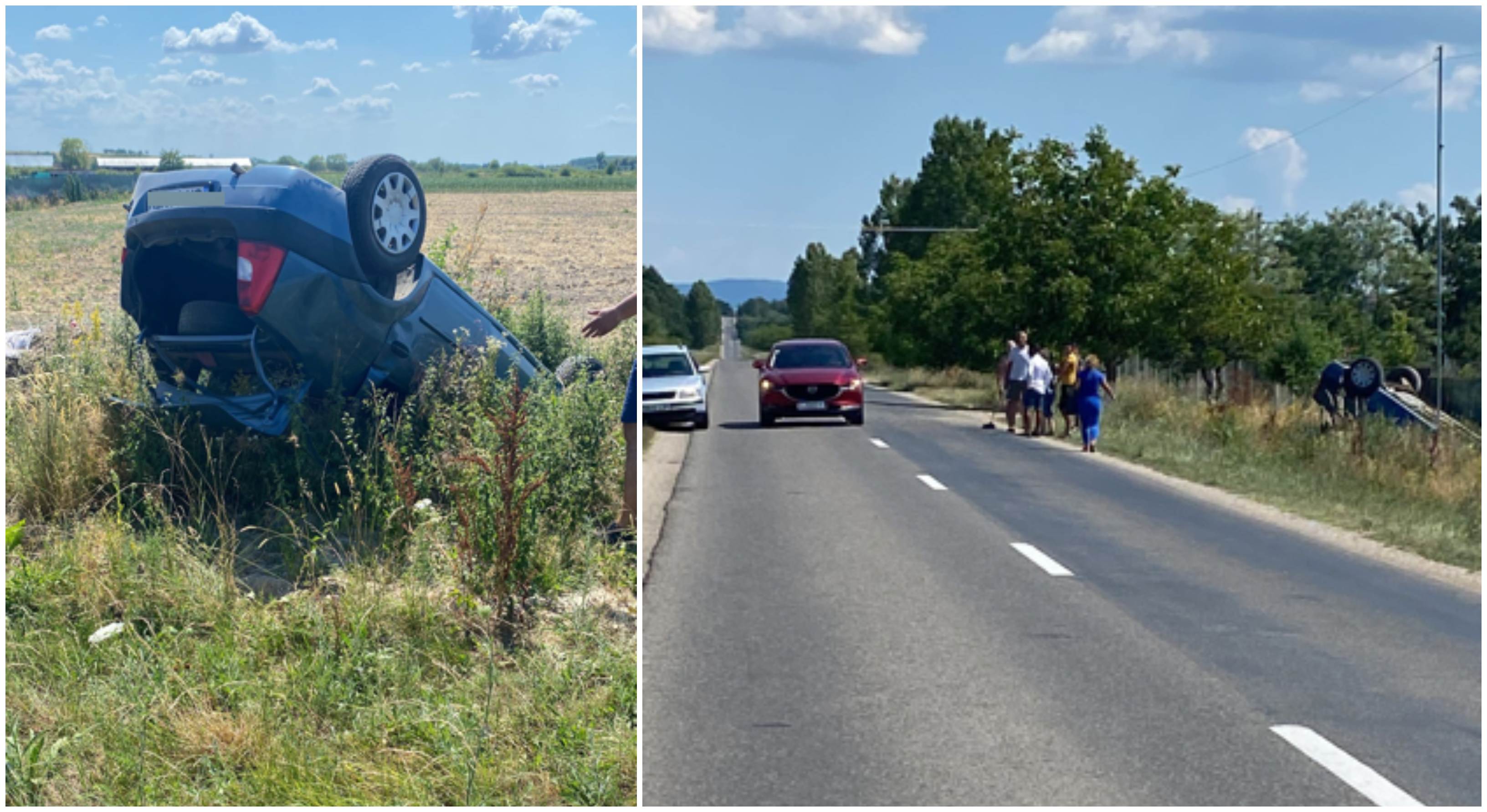 FOTO. Accident în județ. Cu mașina în iarbă verde, răsturnată în șanț