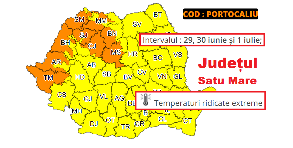 Canicula se intensifică. Intră în vigoare un COD PORTOCALIU în județul Satu Mare, pentru următoarele zile